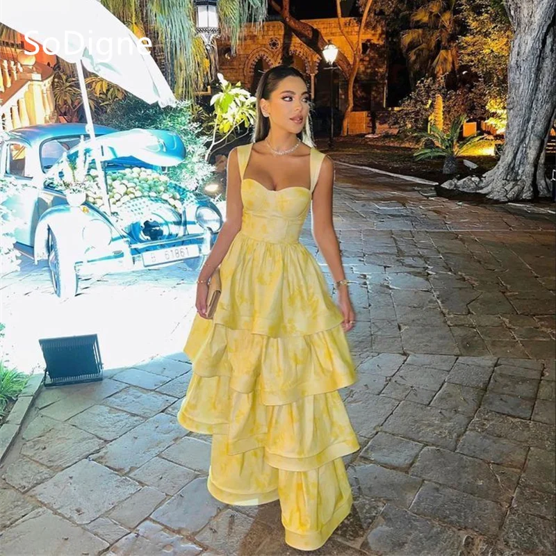 Customized Spaghetti Strap Saudi Arabia Holiday Style A-Line satin Evening Dresses Luxury Floor-Length Party Dress SoDigne Gowns