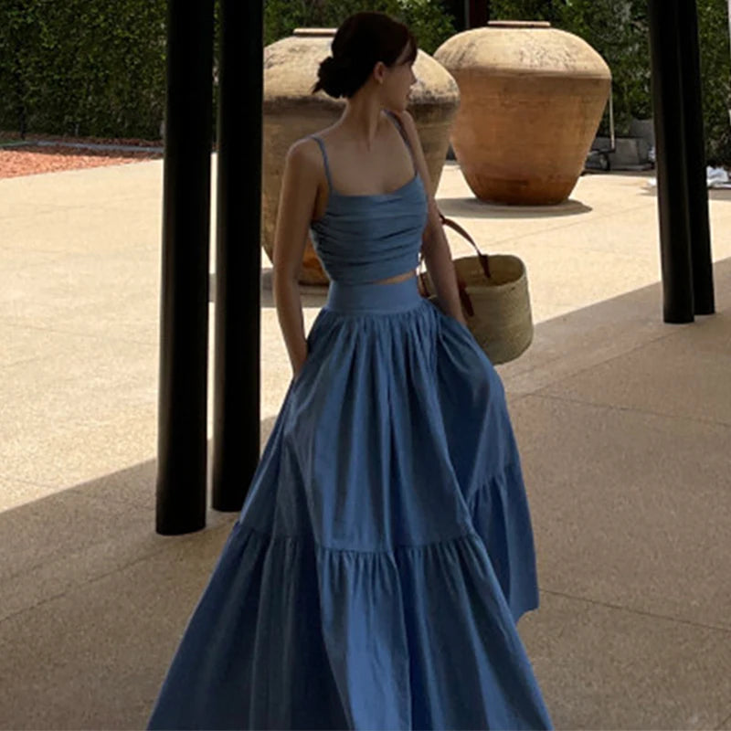 Neploe Sexy Two Piece Set 2025 Summer Femme French Style V-neck Slim Fit Short Suspended Tank Top High Waist Large Swing Skirt