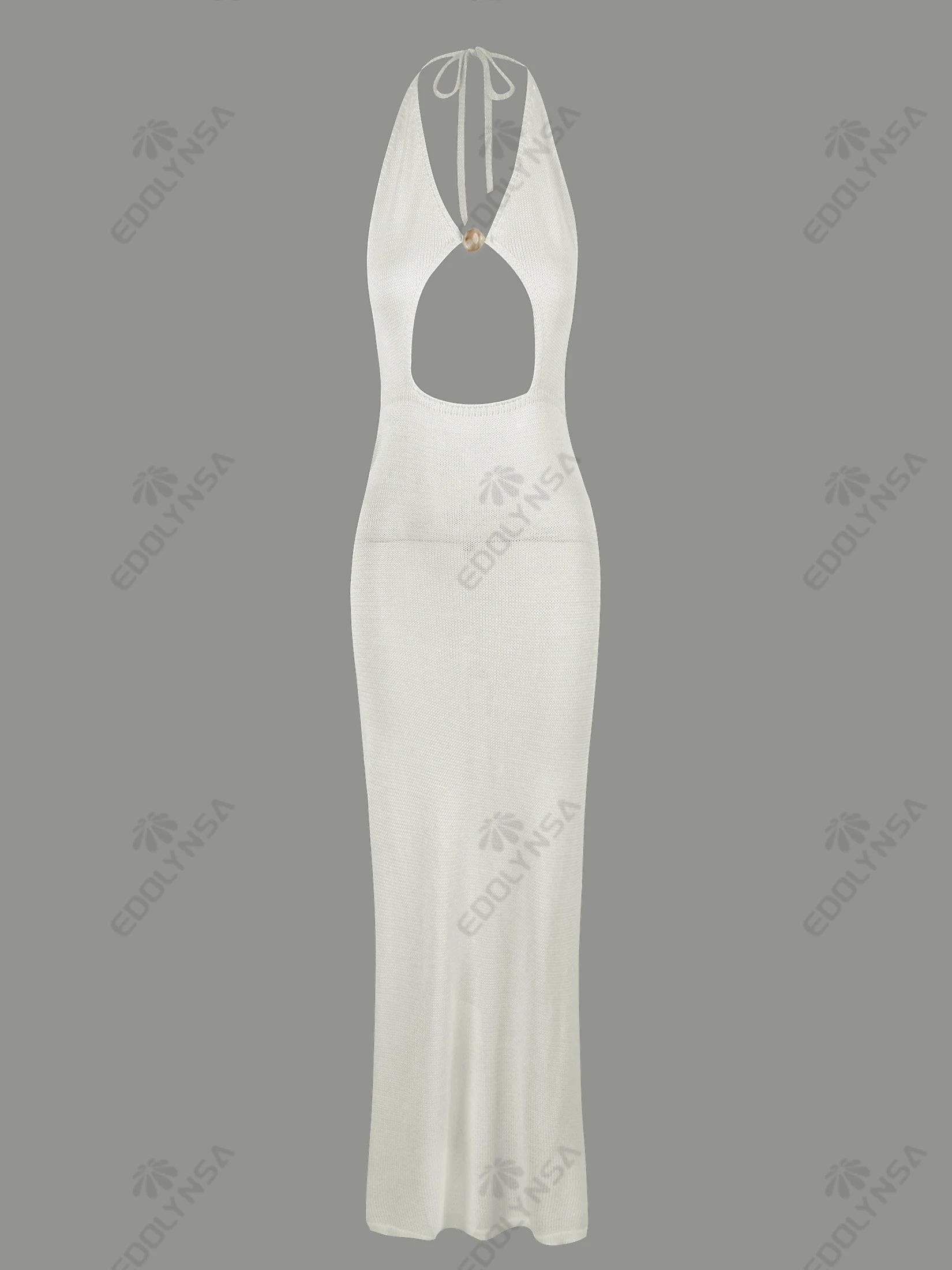 Sexy Knit Halter V Neck Slit Beach Maxi Dress For Women 2025 Chic Button Cut Out Backless Party Dresses Swimwear Cover Up A3151