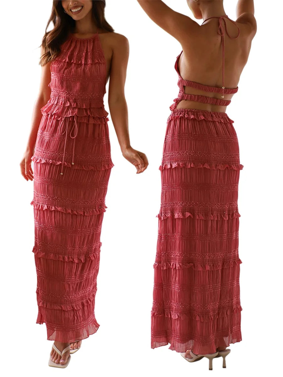 Women Summer Outfit Shirred Tie-up Halter Neck Sleeveless Open Black Tank Tops Drawstring Long Skirt 2 Pcs Set