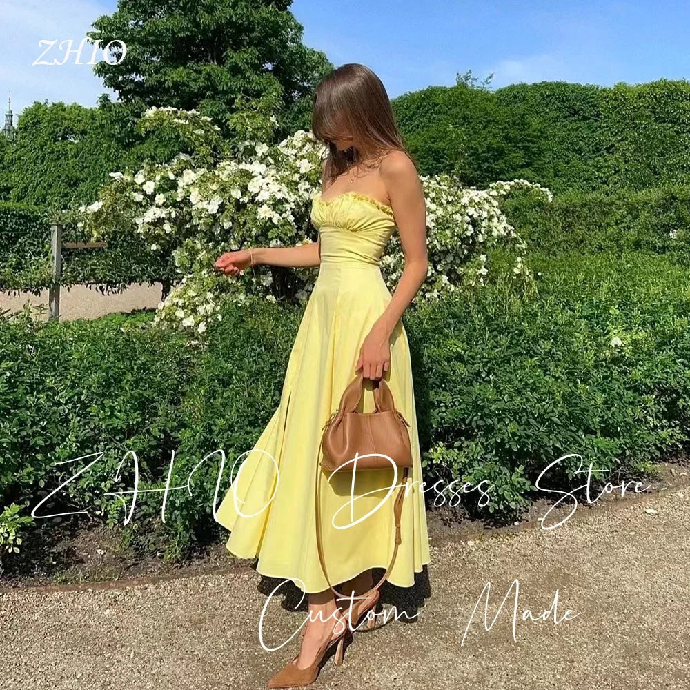 ZHIO Elegant Yellow Wedding Party Dress Strapless Pleat A-Line Ankle Length Satin Special Occasion Evening Dresses Customized