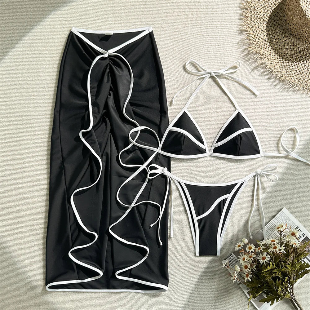 Para Praia Print Three Pieces Bikini Set with Long Skrit 2025 Swimwear Women Sexy Swimsuit Beachdress Bathing Suit Outfits