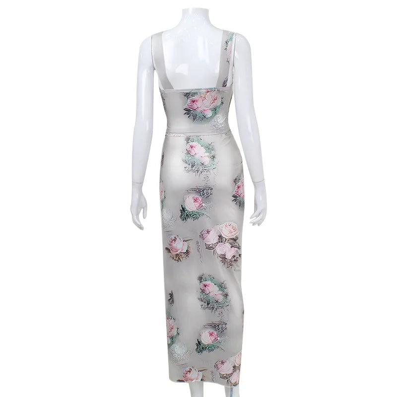 Sexy Holiday Retro Printed Top And Skirt Hot Girl Vest Skirt Women Fashion Suit Sleeveless Slim Beach Vacation 2 Piece Set