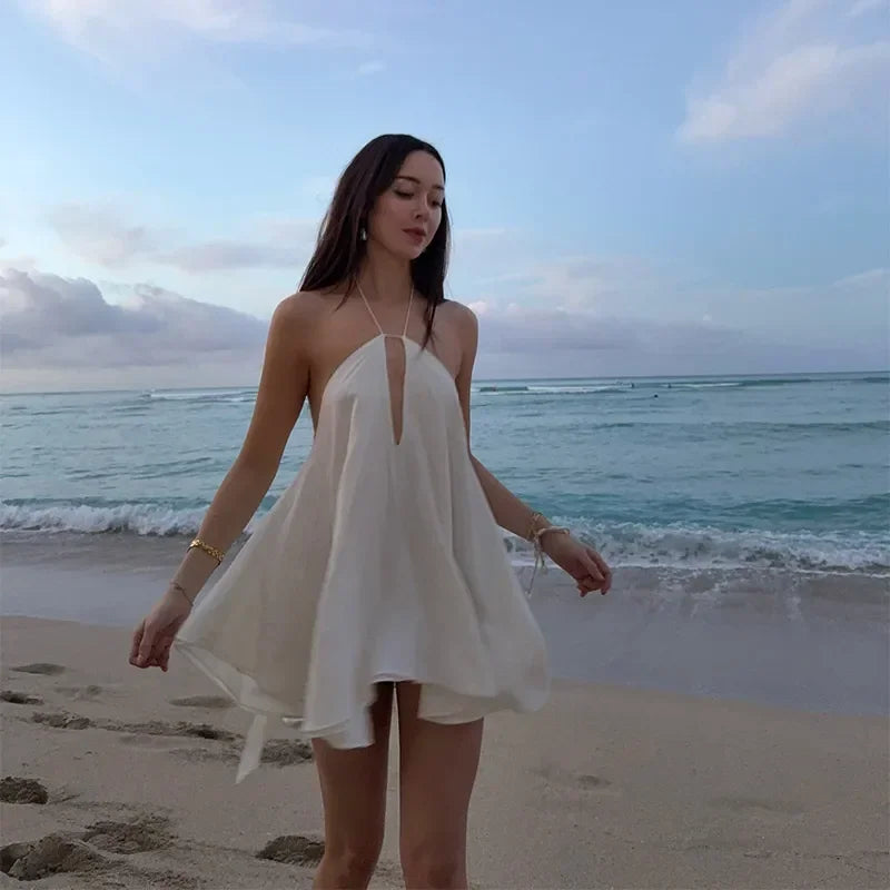 Solid Halter Lace Up Mini Dress Elegant Off Shoulder Backless A-line Loose Gown For Women 2025 Casual Summer Vacation Beach Gown