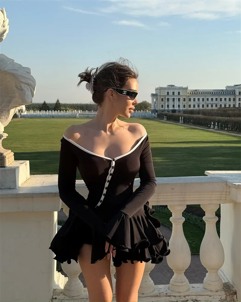 Absobe Women's A-Line Bodycon Mini Dress Ruffle Hem V-Neck Asymmetrical Buttons Long Sleeve Short Dress Party Streetwear Outfits