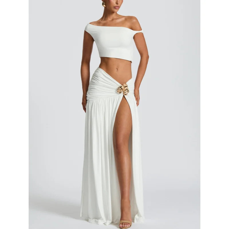 Articat Sexy Vest Top Skirt Set For Women Elegant Metal Tight Split Skirt Two-Piece Set Female Party Club Holiday Beachwear