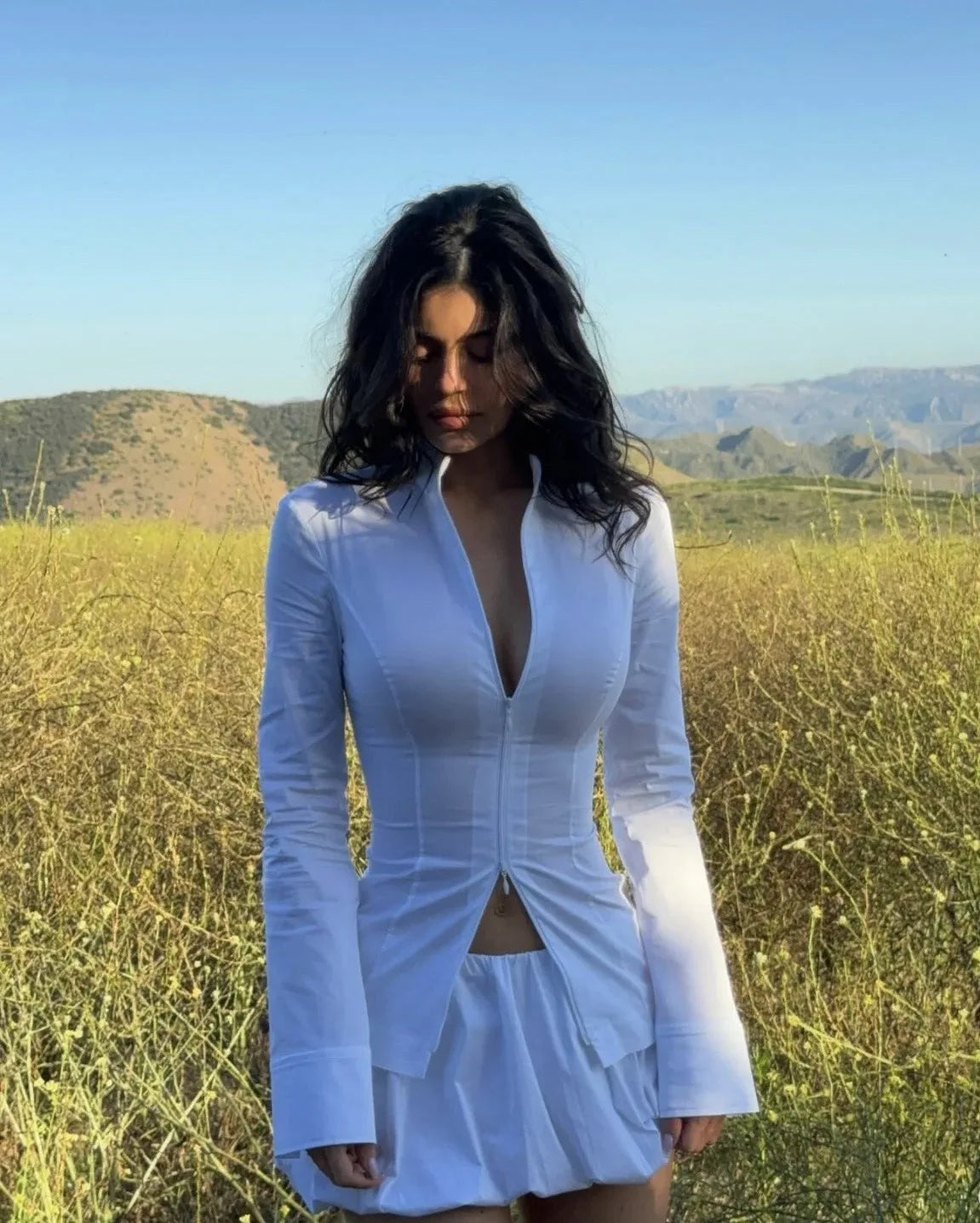 KHY kylie the same zippered waist mid-length stand-up collar shirt drop007 slim-fit top