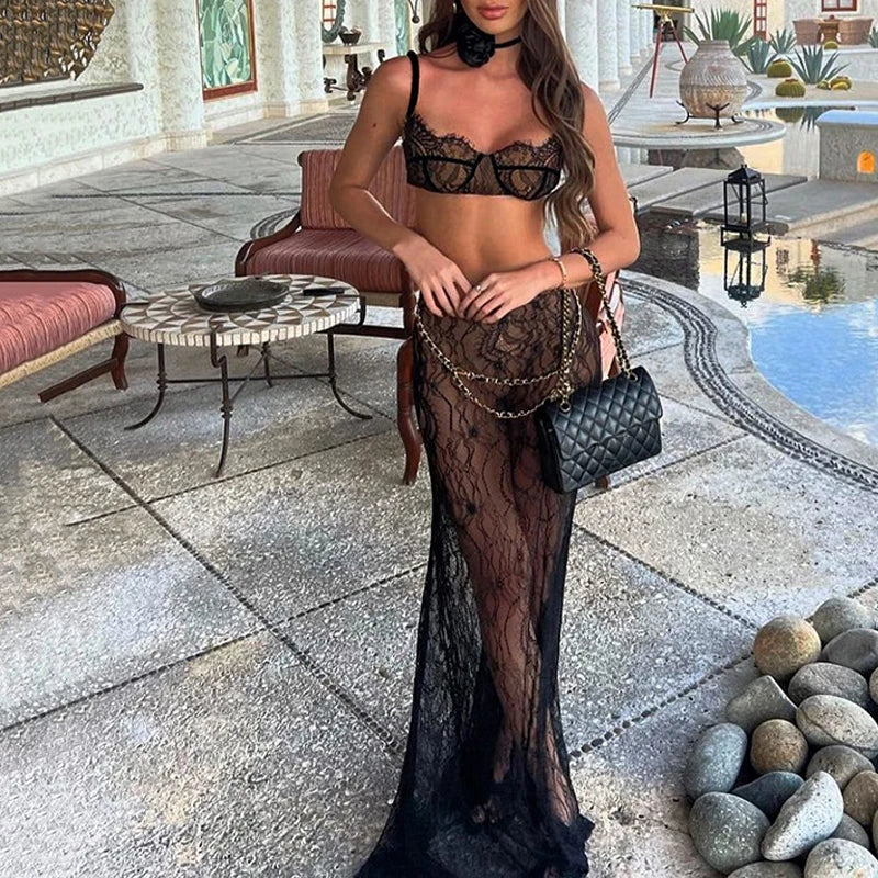 Women's Backless Suspender Skirt Two-Piece Sexy Floor Length Long Skirt Set See Through Lace Chain Evening Dress