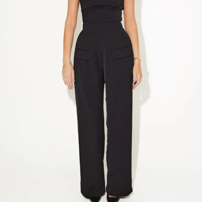 Halter Waist Cinched Top Straight Leg Pants Two Piece Set Commuter Slim Fit Hanging Neck Camisole Blouse High Waisted Trousers