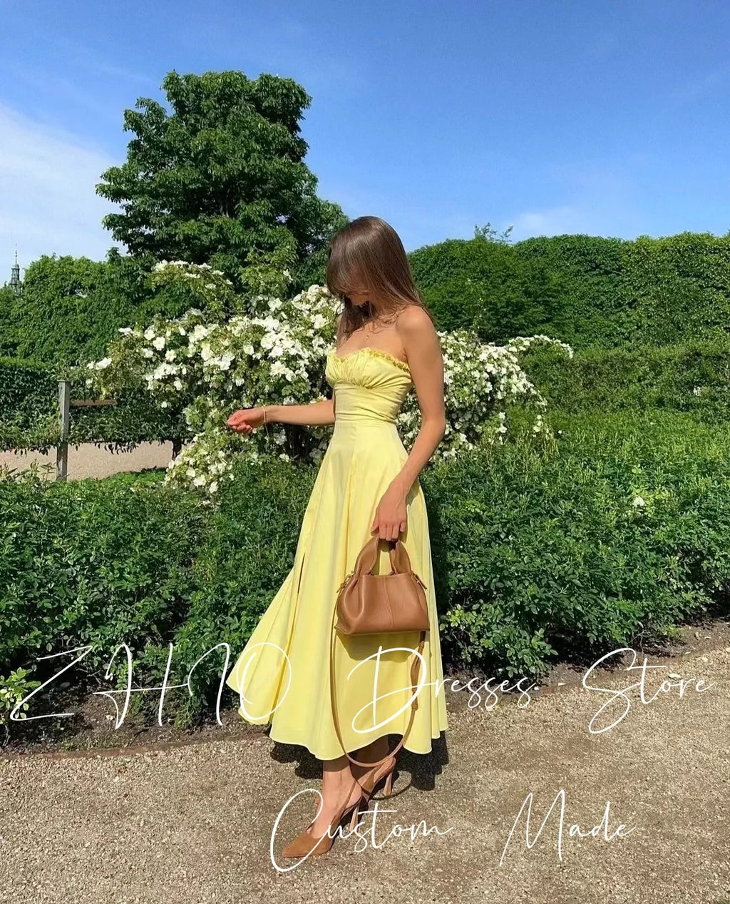 ZHIO Elegant Yellow Wedding Party Dress Strapless Pleat A-Line Ankle Length Satin Special Occasion Evening Dresses Customized