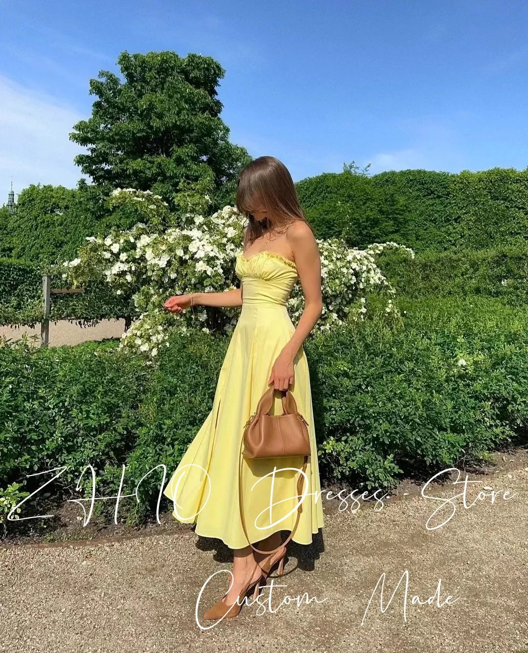 ZHIO Elegant Yellow Wedding Party Dress Strapless Pleat A-Line Ankle Length Satin Special Occasion Evening Dresses Customized