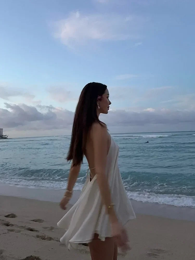 Solid Halter Lace Up Mini Dress Elegant Off Shoulder Backless A-line Loose Gown For Women 2025 Casual Summer Vacation Beach Gown