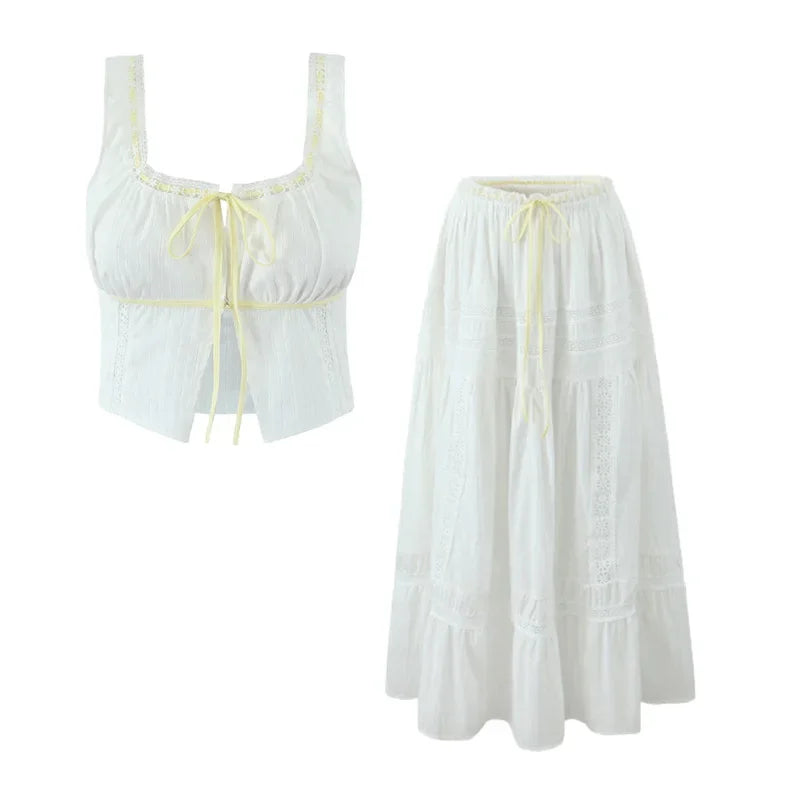 White Lace Skirt Set Women's Dress Outfits Summer Beach Cotton Matching Sets 2 Pcs Long Maxi Dress Set Vestidos Female 2025