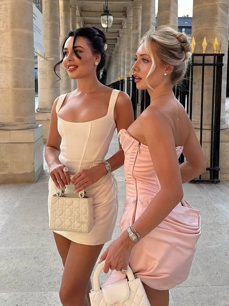 white Wide Strap Pleated Hem Dresses Women's Sexy Sleeveless Slim Fit Mini  Robes 2025 New Lady Summer Holiday Party Vestidos