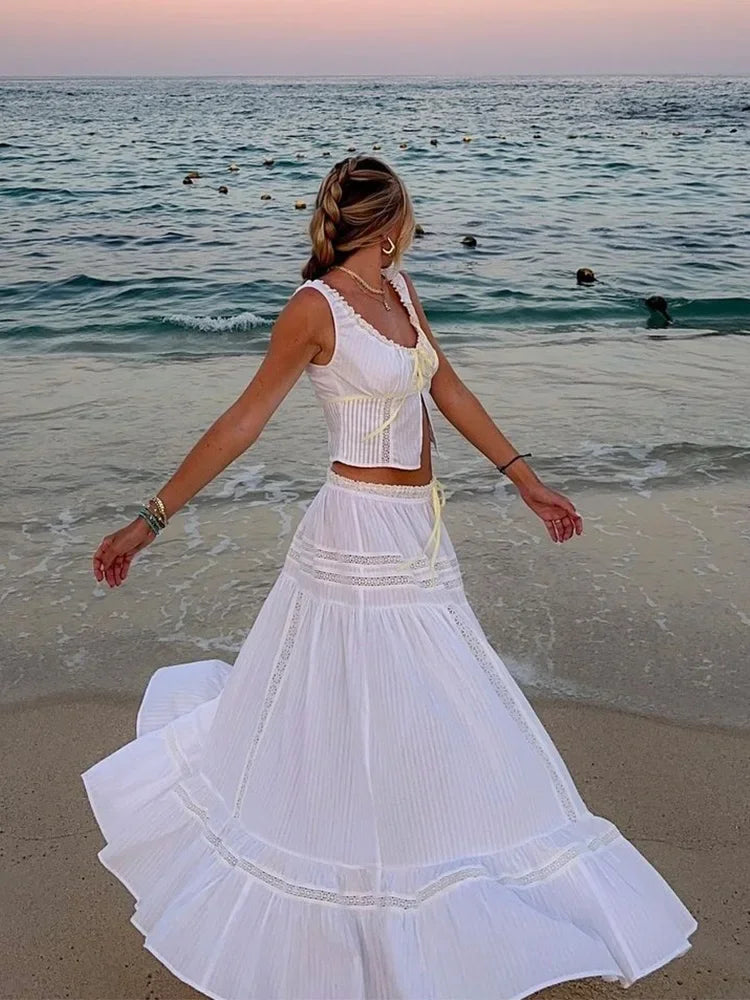 White Lace Skirt Set Women's Dress Outfits Summer Beach Cotton Matching Sets 2 Pcs Long Maxi Dress Set Vestidos Female 2025