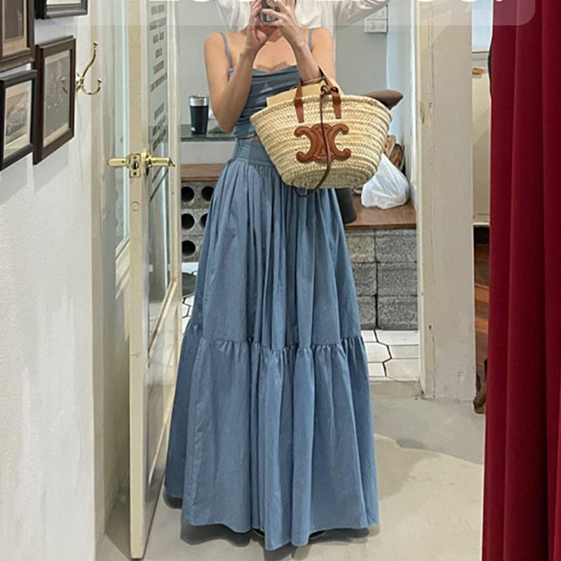 Neploe Sexy Two Piece Set 2025 Summer Femme French Style V-neck Slim Fit Short Suspended Tank Top High Waist Large Swing Skirt