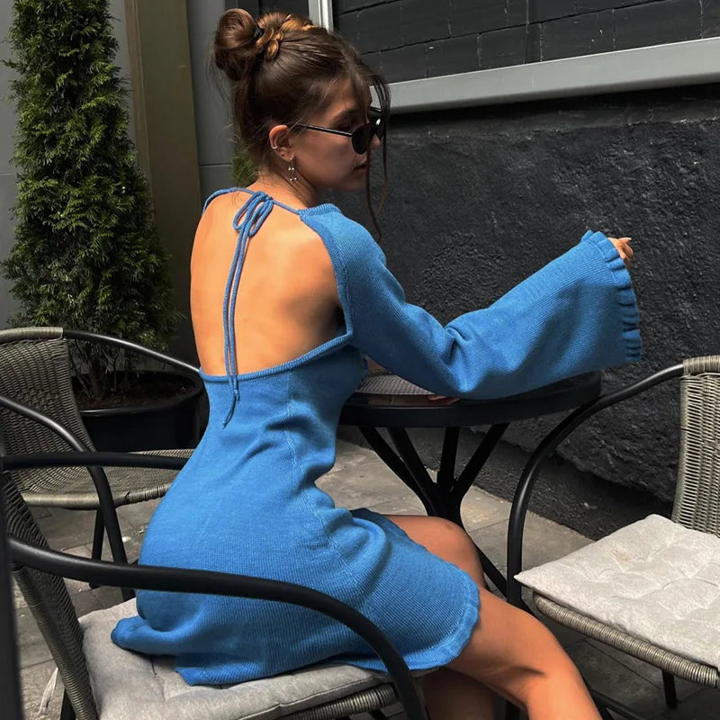 2025 Women Ins Style Sexy Backless Neck-hanging Long Sleeve Fishtail Dress Knit Beachwear Summer Swimsuit Bikini Cover-ups A2825