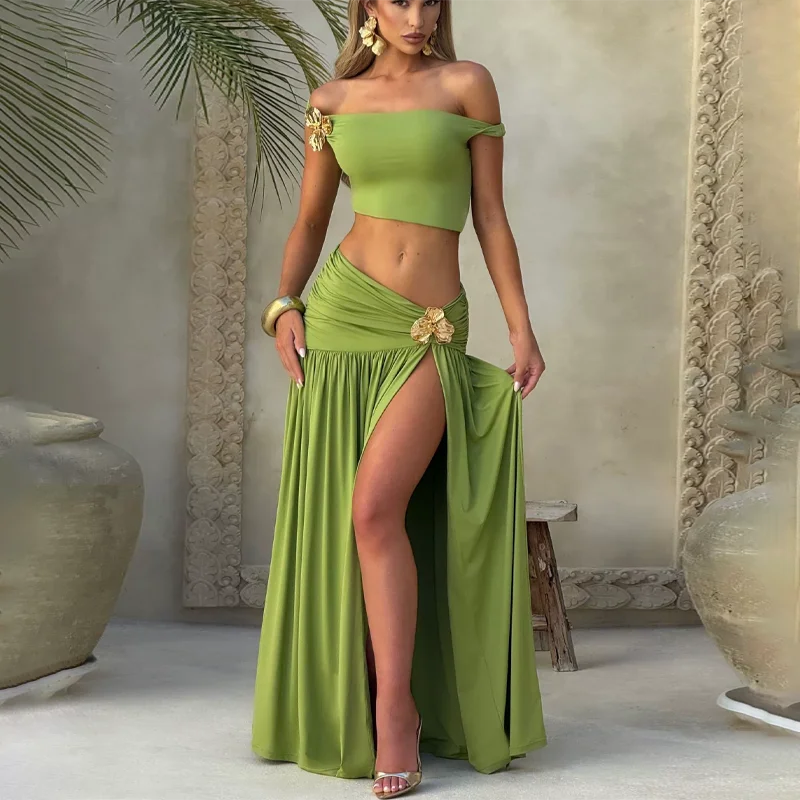 Articat Sexy Vest Top Skirt Set For Women Elegant Metal Tight Split Skirt Two-Piece Set Female Party Club Holiday Beachwear