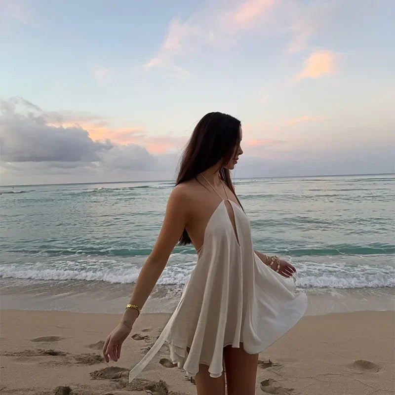 Solid Halter Lace Up Mini Dress Elegant Off Shoulder Backless A-line Loose Gown For Women 2025 Casual Summer Vacation Beach Gown