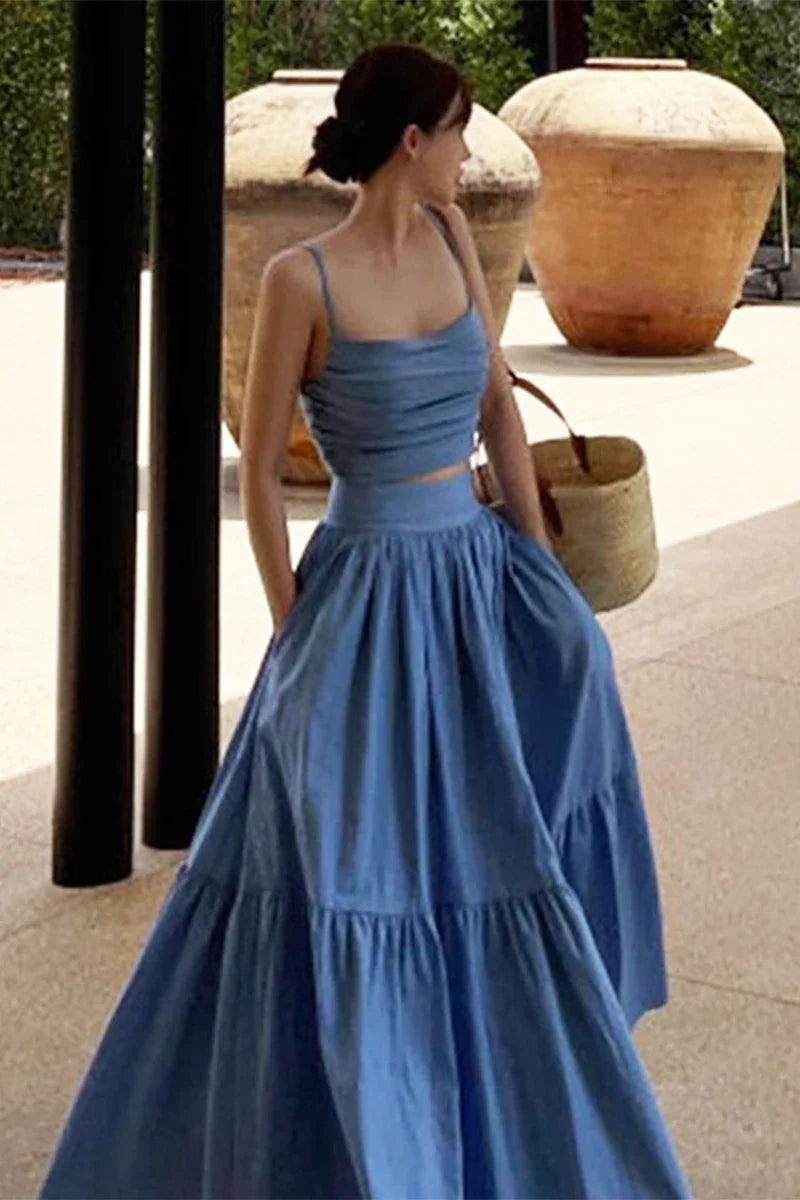 Neploe Sexy Two Piece Set 2025 Summer Femme French Style V-neck Slim Fit Short Suspended Tank Top High Waist Large Swing Skirt