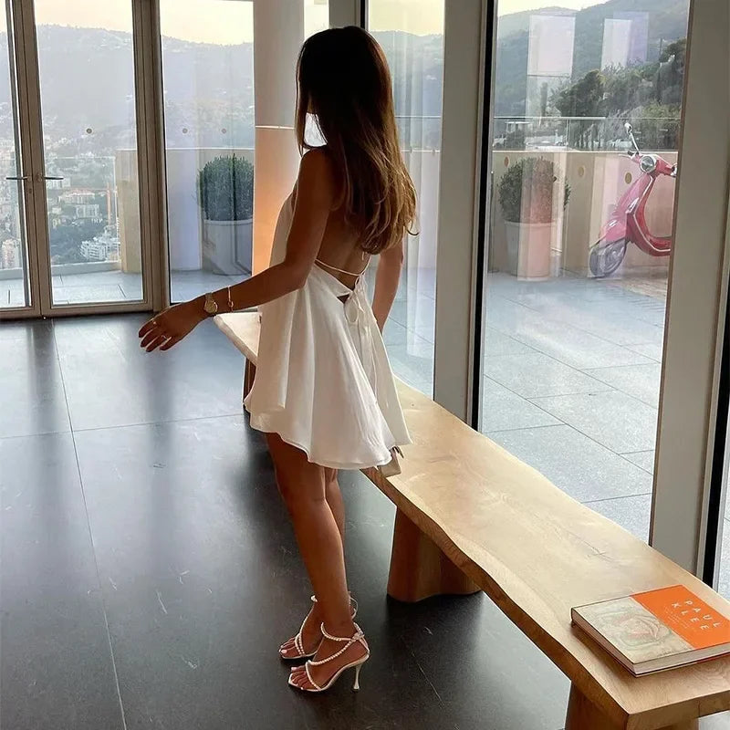 Solid Halter Lace Up Mini Dress Elegant Off Shoulder Backless A-line Loose Gown For Women 2025 Casual Summer Vacation Beach Gown