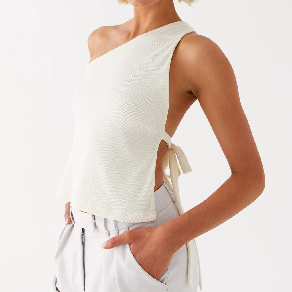 Women Off One Shoulder Tank Tops Solid Stylish Side Tie Design Summer Vest Fashion Sexy Bandage Tops