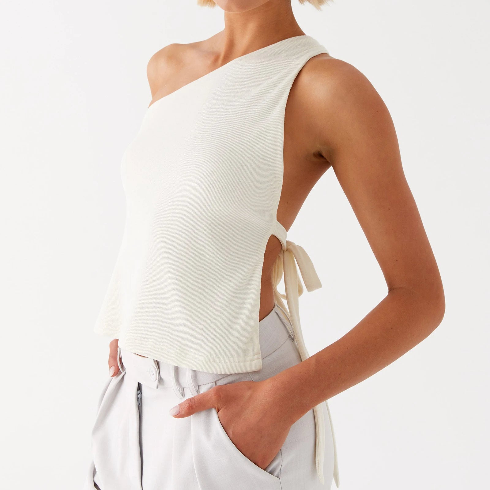 Women Off One Shoulder Tank Tops Solid Stylish Side Tie Design Summer Vest Fashion Sexy Bandage Tops