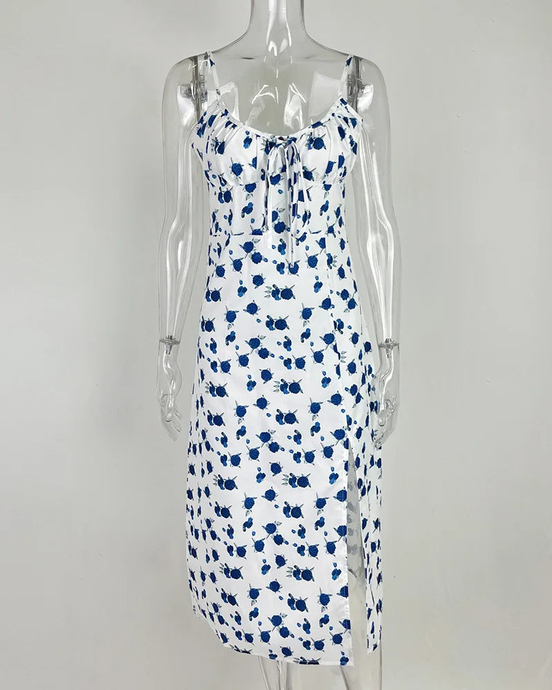 Flower Printed Spaghetti Strap Dresses For Women Sexy Low Cut Beach Party Slim Slit Dress Chic Bodycon Lady Sleeveless Vestidos