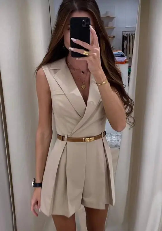 New Fashion V-neck Style Solid Color Commuter Sleeveless Suit Shorts jumpsuit Women's Waist Tie Waist Belt