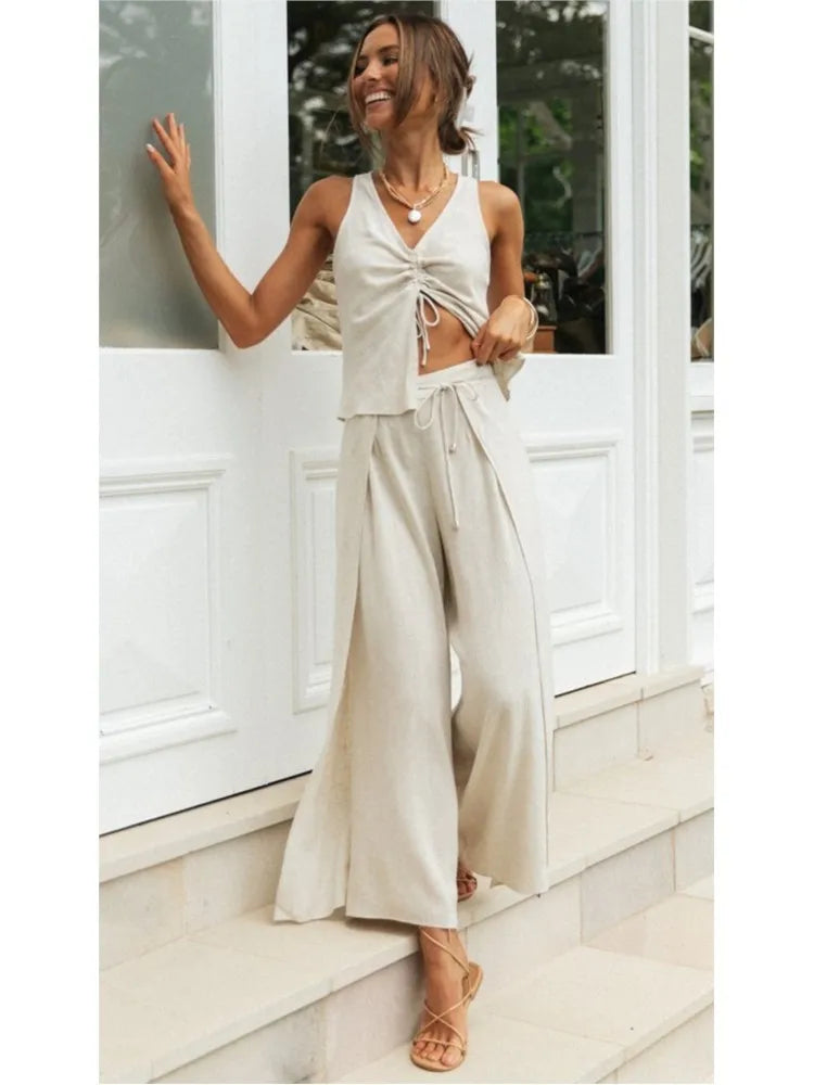 Summer Casual Shirt Sets New Women's Fashion Solid Color Drawstring Short-sleeved Tops Wide-leg Slit Trousers Two-piece Set Suit