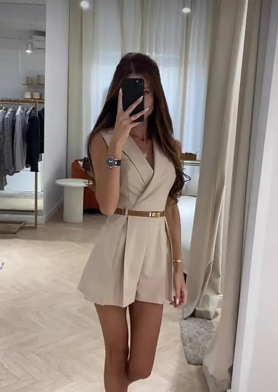 New Fashion V-neck Style Solid Color Commuter Sleeveless Suit Shorts jumpsuit Women's Waist Tie Waist Belt