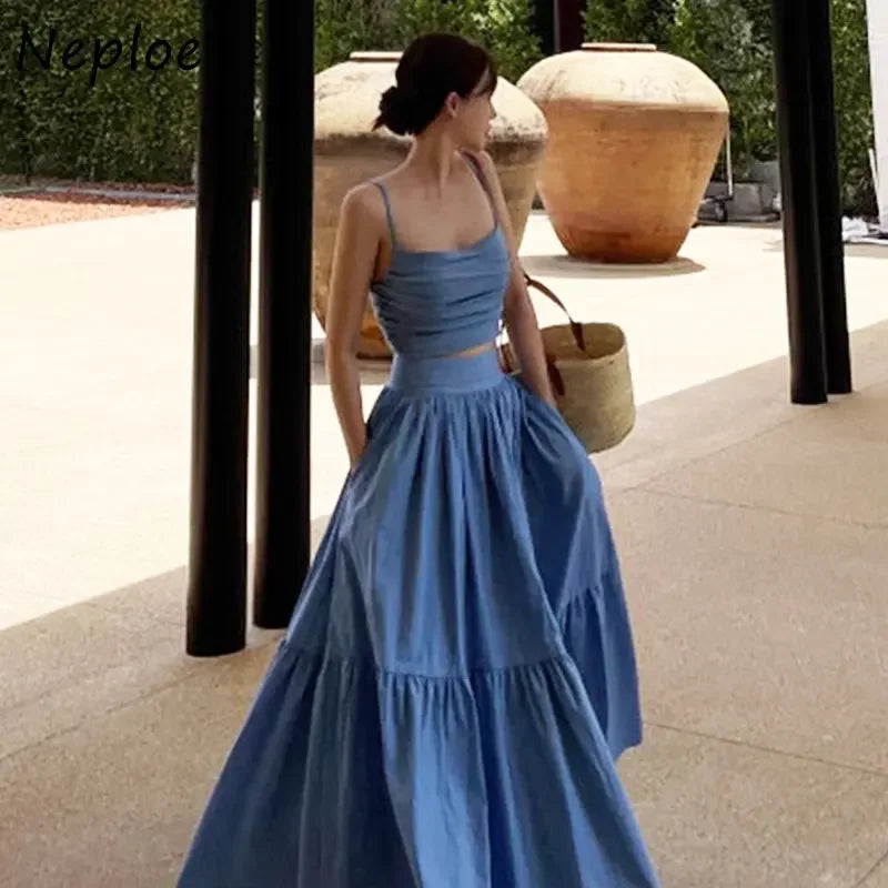 Neploe Sexy Two Piece Set 2025 Summer Femme French Style V-neck Slim Fit Short Suspended Tank Top High Waist Large Swing Skirt