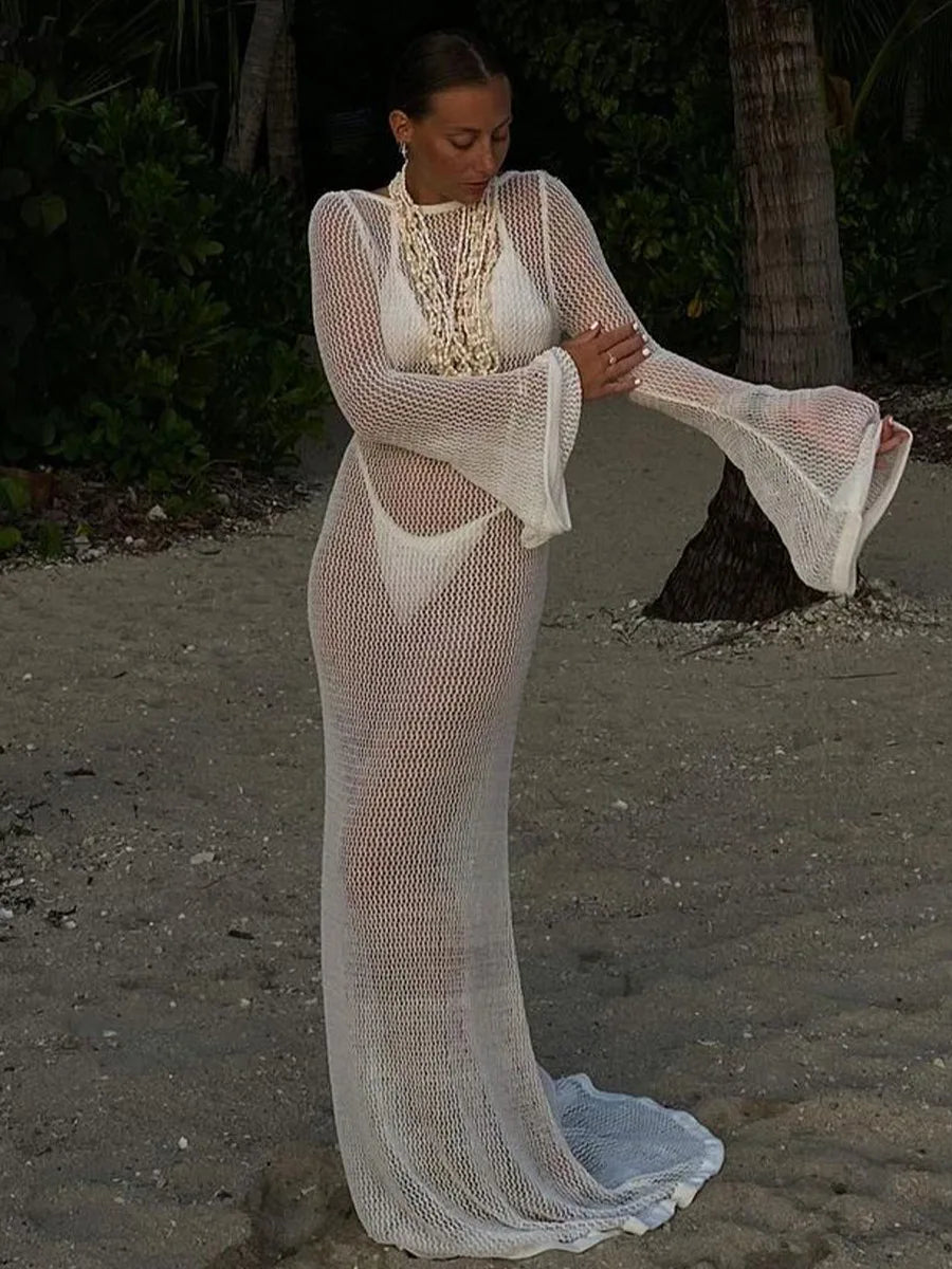 Bikini Sexy Cover-ups Long Sleeve Hollow Out See Through Maxi Knit Dress 2024 Beach Cover Up Dresses for Women Summer Outfit