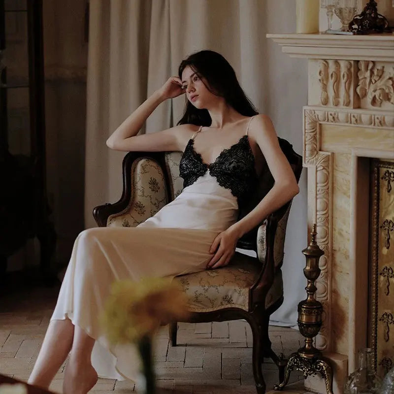 Sexy Chemise Sleepwear Lace Backless Nightdress Ice Silk Pajamas Female Lingerie Long Home Dressing Gown Nightgown Loungewear