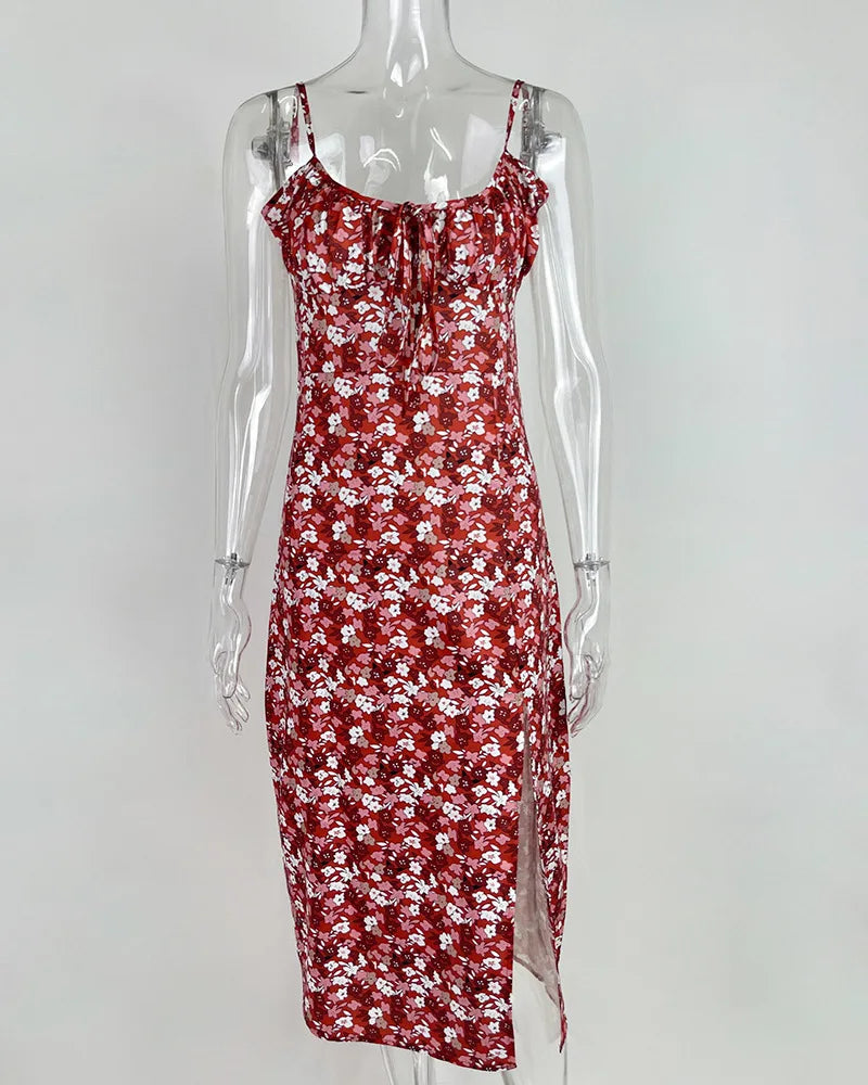 Flower Printed Spaghetti Strap Dresses For Women Sexy Low Cut Beach Party Slim Slit Dress Chic Bodycon Lady Sleeveless Vestidos