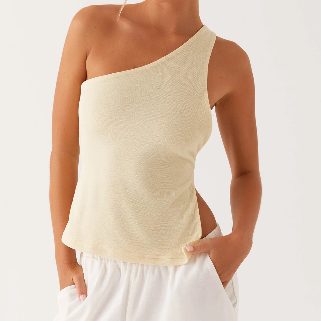 Women Off One Shoulder Tank Tops Solid Stylish Side Tie Design Summer Vest Fashion Sexy Bandage Tops