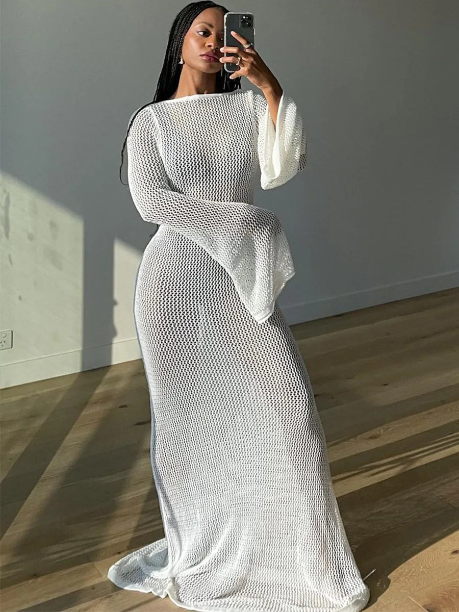 Bikini Sexy Cover-ups Long Sleeve Hollow Out See Through Maxi Knit Dress 2024 Beach Cover Up Dresses for Women Summer Outfit