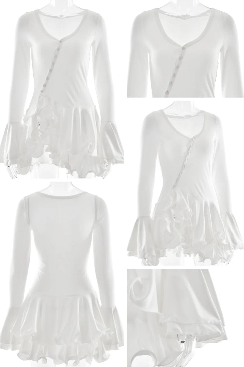 Absobe Women's A-Line Bodycon Mini Dress Ruffle Hem V-Neck Asymmetrical Buttons Long Sleeve Short Dress Party Streetwear Outfits