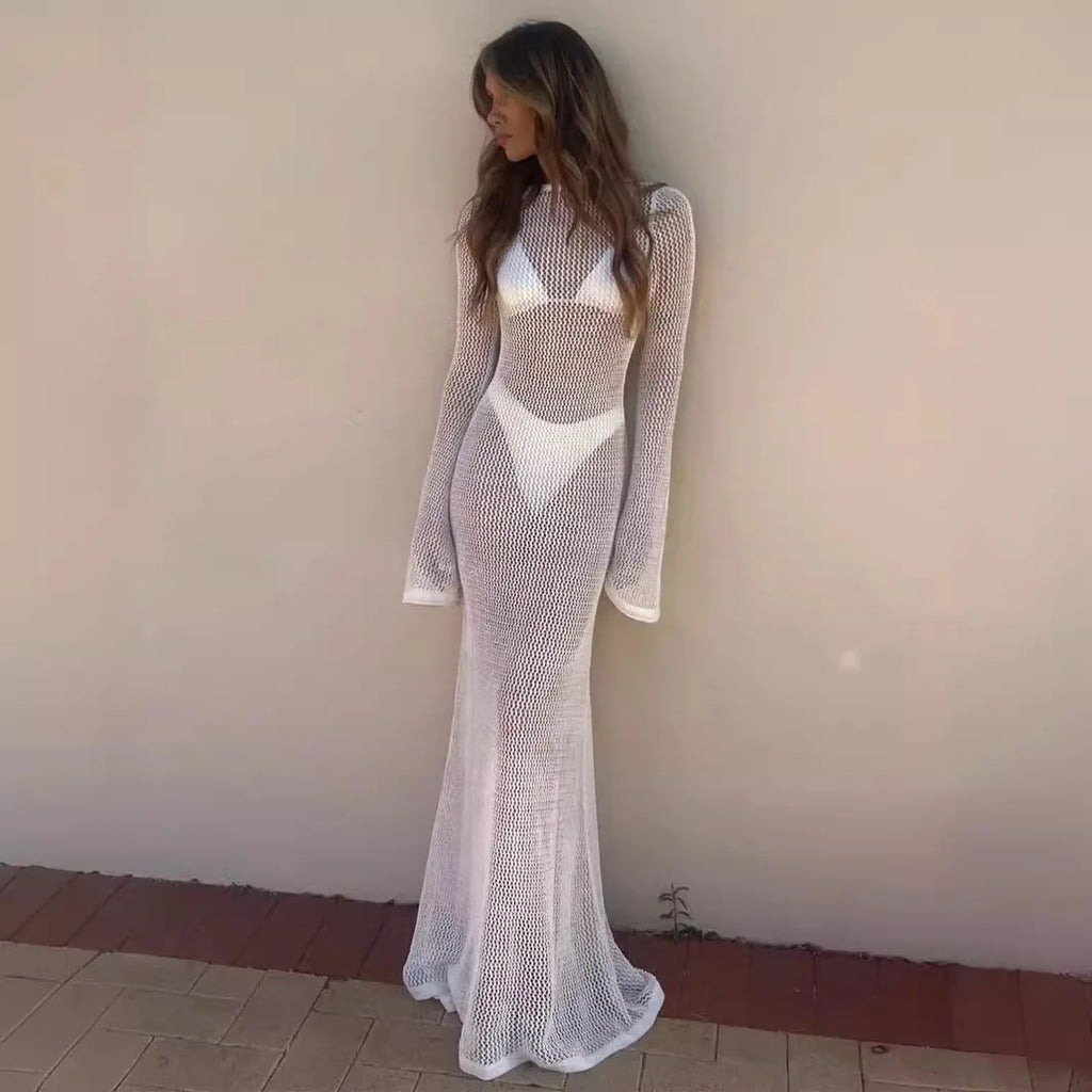 Bikini Sexy Cover-ups Long Sleeve Hollow Out See Through Maxi Knit Dress 2024 Beach Cover Up Dresses for Women Summer Outfit