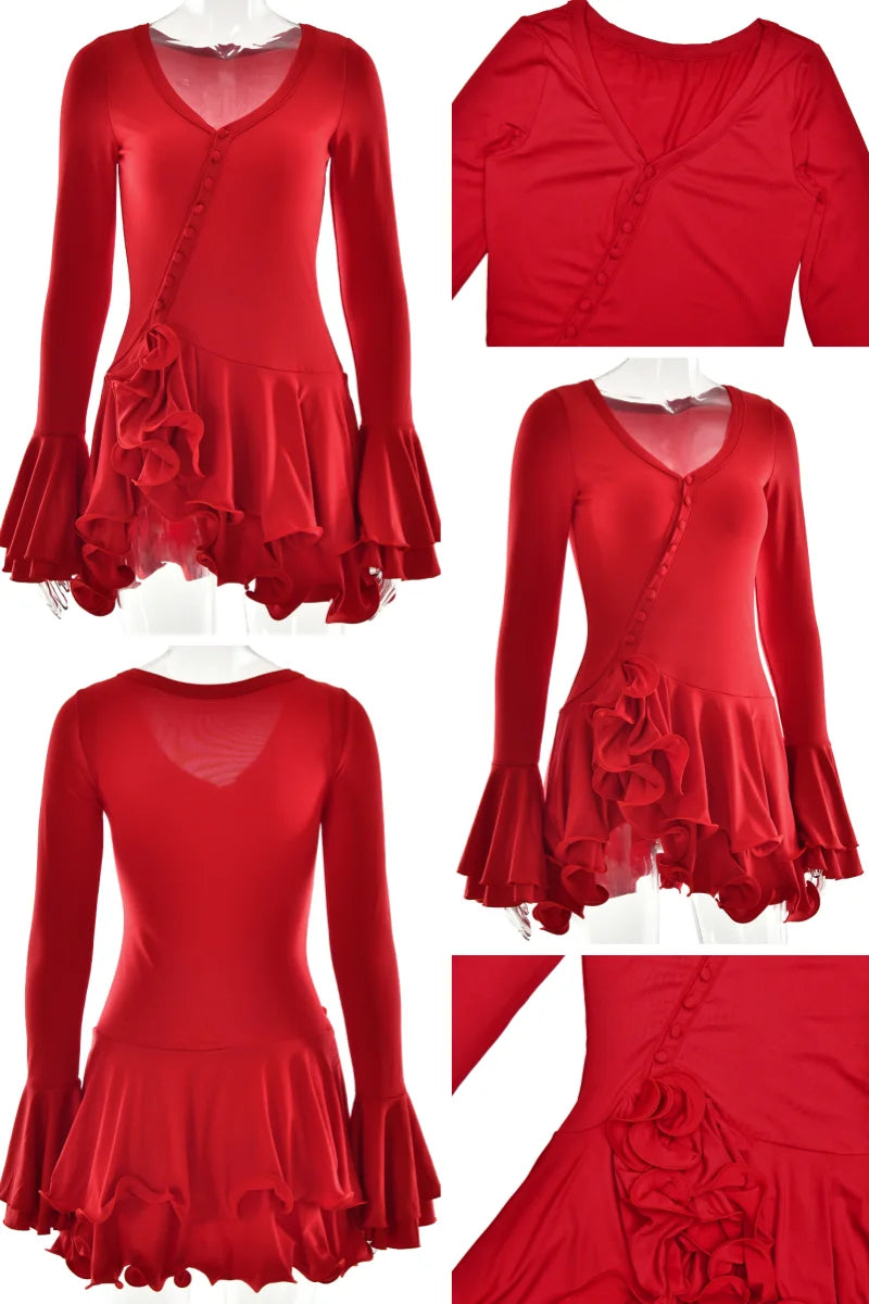 Absobe Women's A-Line Bodycon Mini Dress Ruffle Hem V-Neck Asymmetrical Buttons Long Sleeve Short Dress Party Streetwear Outfits