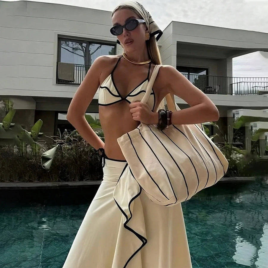 Para Praia Print Three Pieces Bikini Set with Long Skrit 2025 Swimwear Women Sexy Swimsuit Beachdress Bathing Suit Outfits