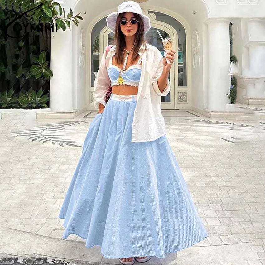 Oymimi Fashion Blue Print Sets For Women 2 Pieces Autumn Spaghetti Strap Lace Bra And High Waisted Loose Pleated Skirts Sets
