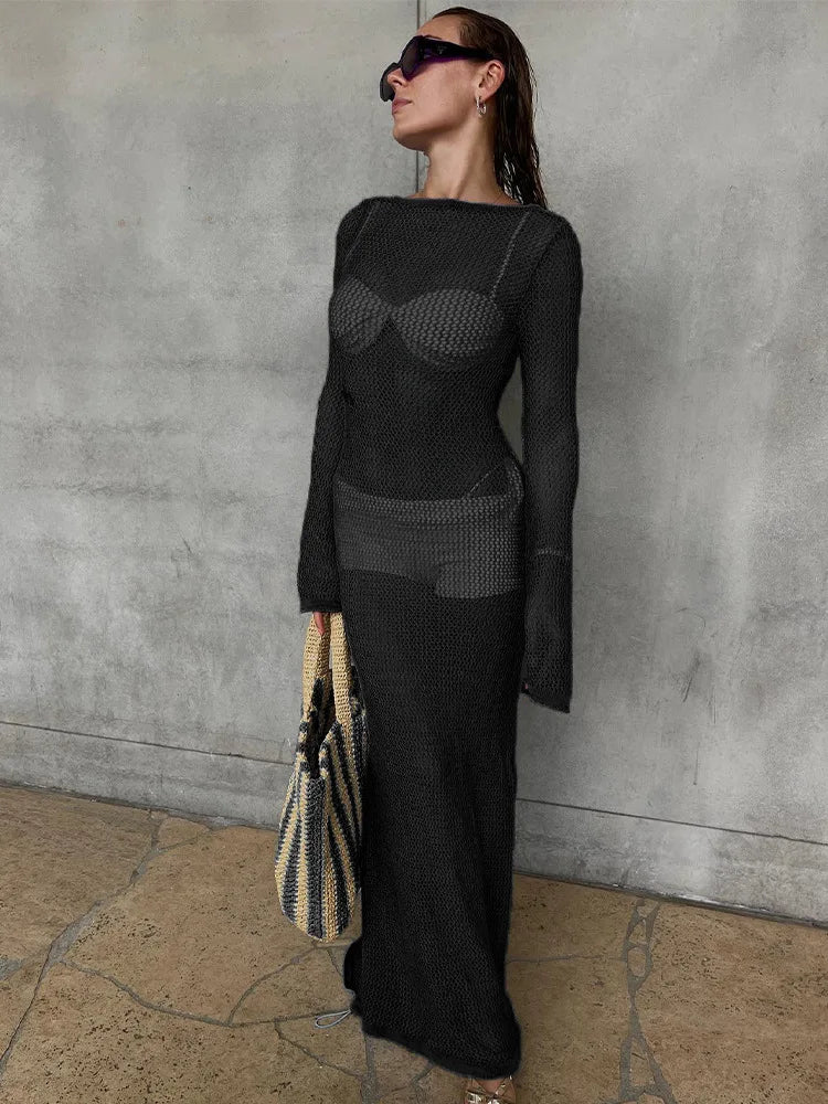 Bikini Sexy Cover-ups Long Sleeve Hollow Out See Through Maxi Knit Dress 2024 Beach Cover Up Dresses for Women Summer Outfit