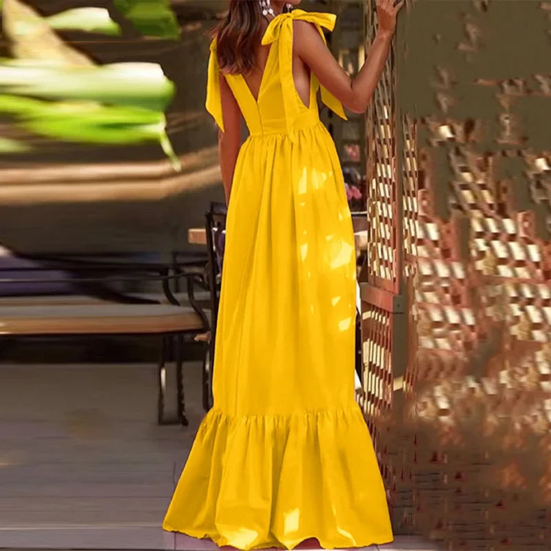 Sexy Summer Women V-Neck Sling Backless Dress Elegant Hollow Out BowKnot Long Party Dress Fashion Femme Dot Maxi Dress Vestido