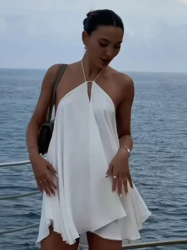 Solid Halter Lace Up Mini Dress Elegant Off Shoulder Backless A-line Loose Gown For Women 2025 Casual Summer Vacation Beach Gown