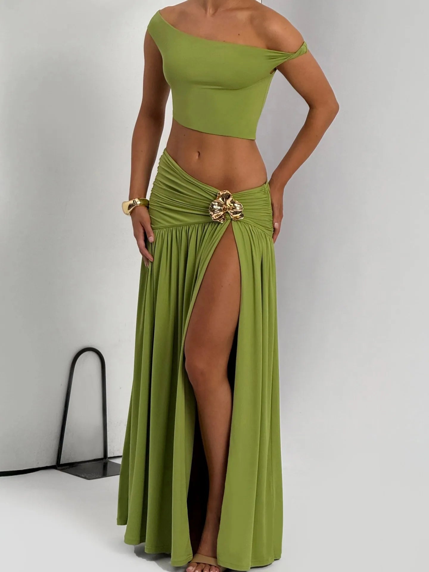 Articat Sexy Vest Top Skirt Set For Women Elegant Metal Tight Split Skirt Two-Piece Set Female Party Club Holiday Beachwear