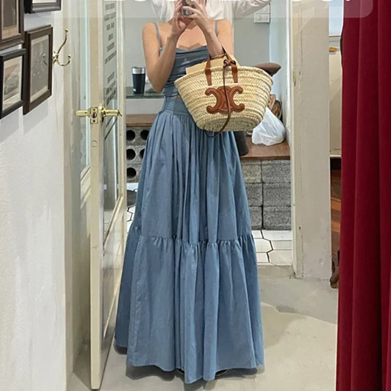 Neploe Sexy Two Piece Set 2025 Summer Femme French Style V-neck Slim Fit Short Suspended Tank Top High Waist Large Swing Skirt