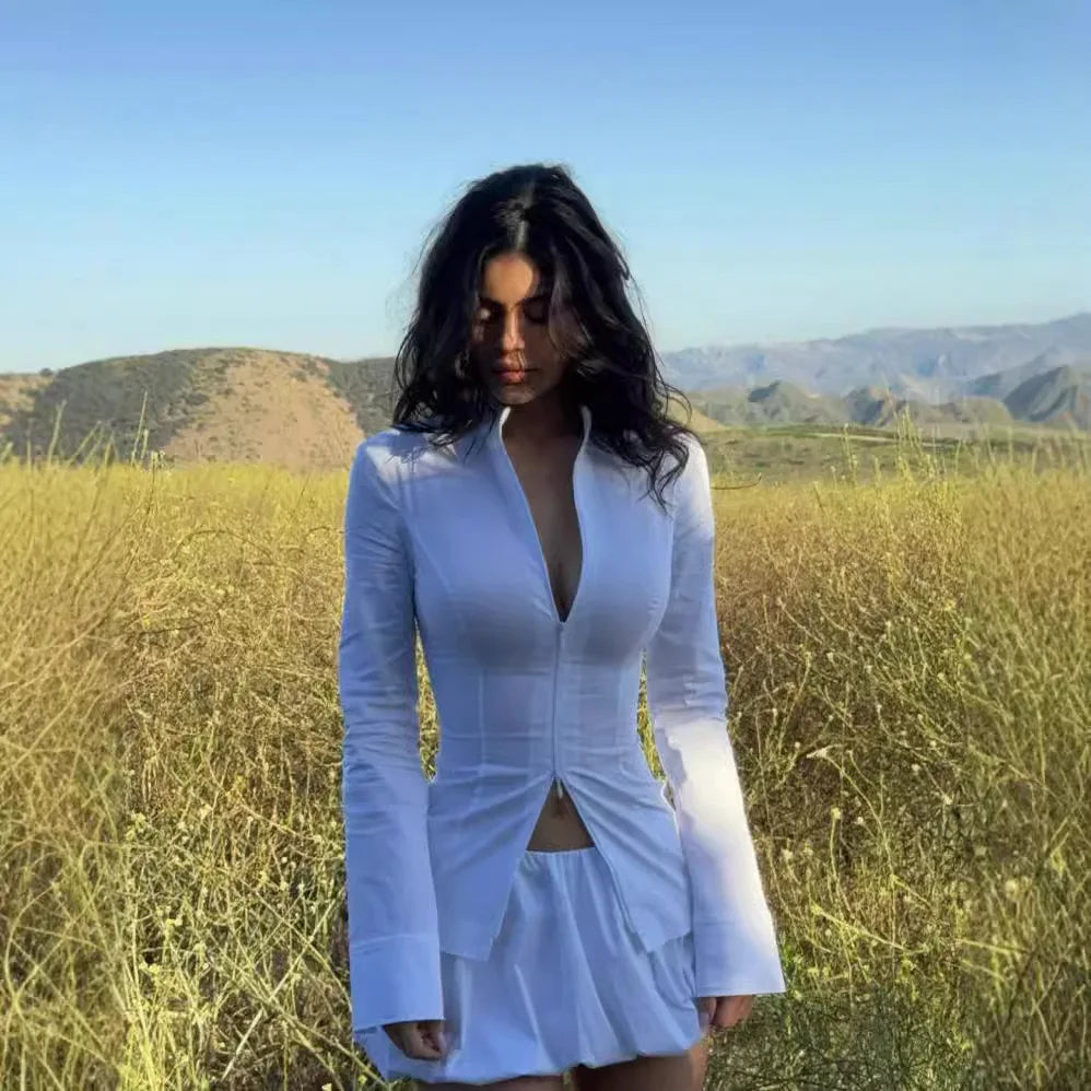 KHY kylie the same zippered waist mid-length stand-up collar shirt drop007 slim-fit top