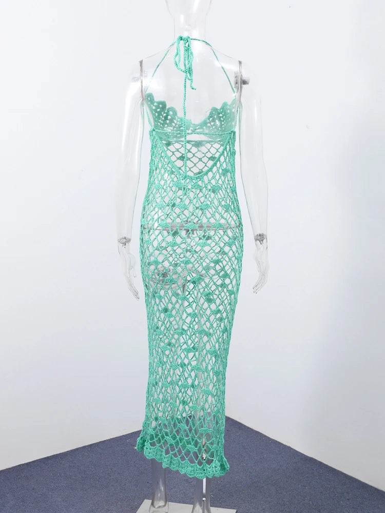 Casual Summer Knit Women's Long Dresses Fashion Hollow Out Sleeveless Hip Package Slim Female Dress Holiday Lace Up Lady Robe