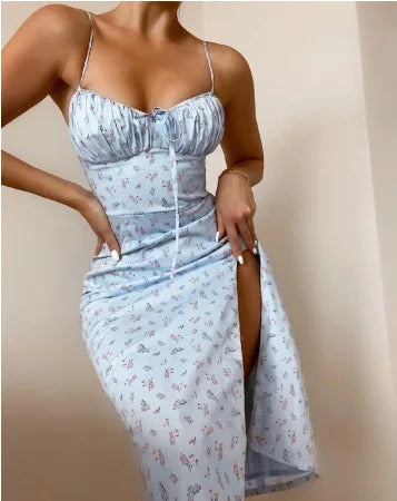 Flower Printed Spaghetti Strap Dresses For Women Sexy Low Cut Beach Party Slim Slit Dress Chic Bodycon Lady Sleeveless Vestidos